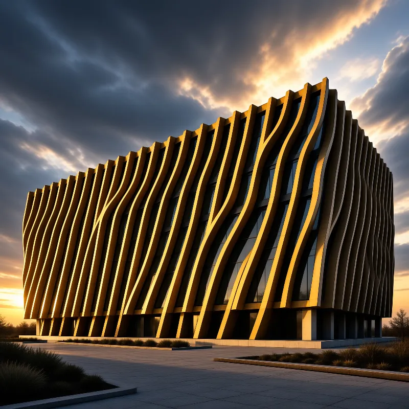 A modern building featuring a facade of undulating golden fins stands prominently against a dramatic sky filled with dark clouds and breaking sunlight. The structure rests on a paved plaza lined with low shrubbery. The warm light illuminates the curved exterior surfaces, creating strong shadows and highlighting the arc
