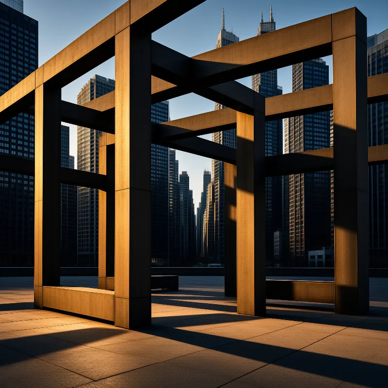 A geometric rust colored steel art installation stands in an open plaza with tall downtown skyscrapers visible through its interlocking frames lit by low warm sunlight.