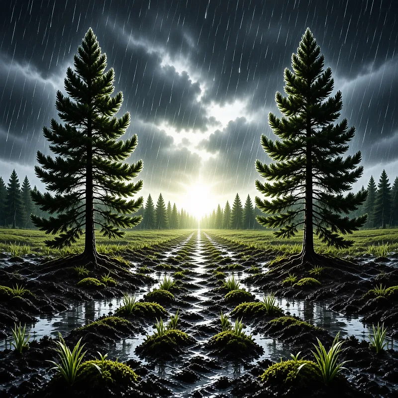 Rain streaks a dark storm sky as two conifers guard a furrowed green field shining with standing water.