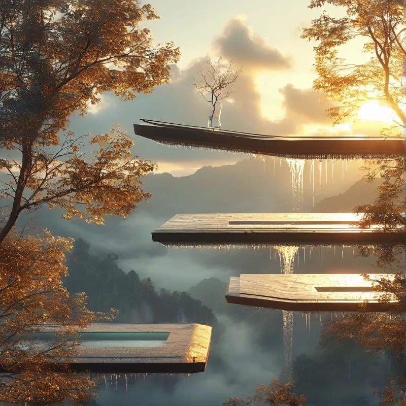 Suspended architectural platforms hang over a foggy mountain range bathed in warm sunset light.