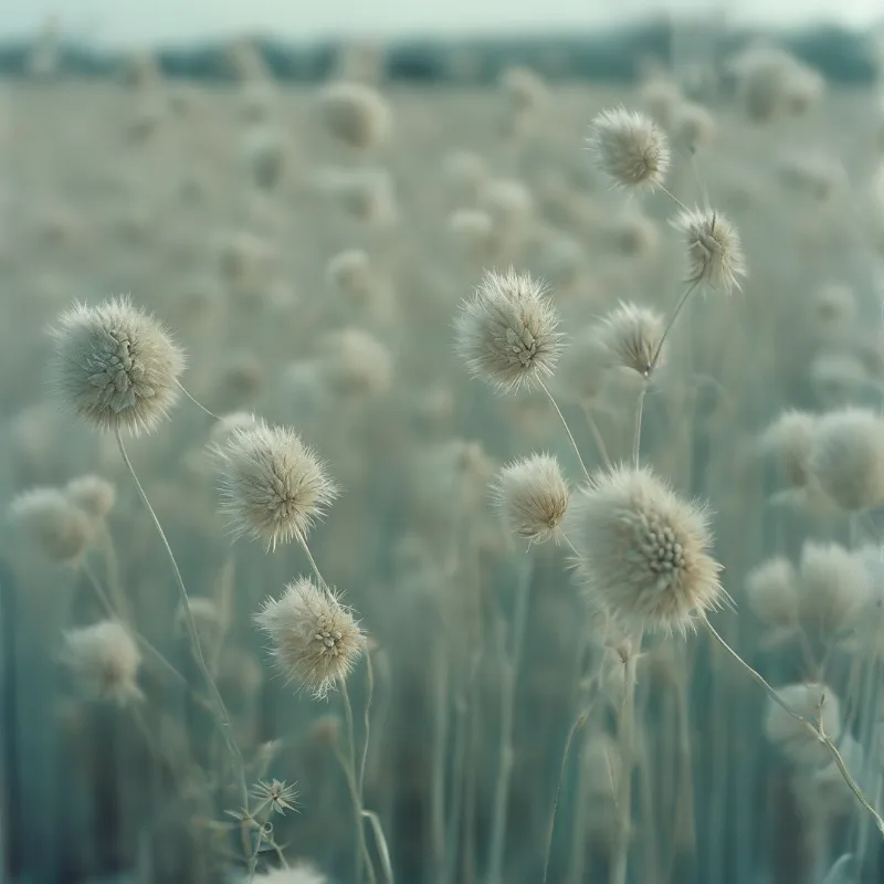 Fluffy wild grass seed heads rise above a blurred field of vegetation, bathed in soft, cool, greenish-blue light.