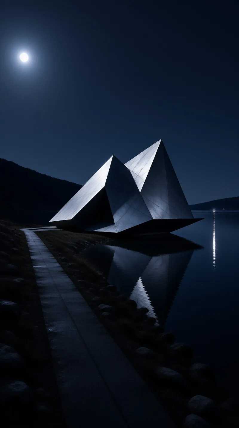 Silver angular architecture stands on a dark lake shore beneath a glowing moon and moonlit water reflections