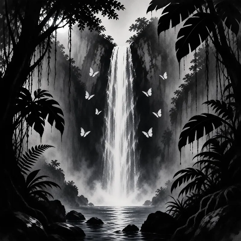 A monochrome view of a tall waterfall surrounded by silhouetted jungle plants and several white butterflies in flight.