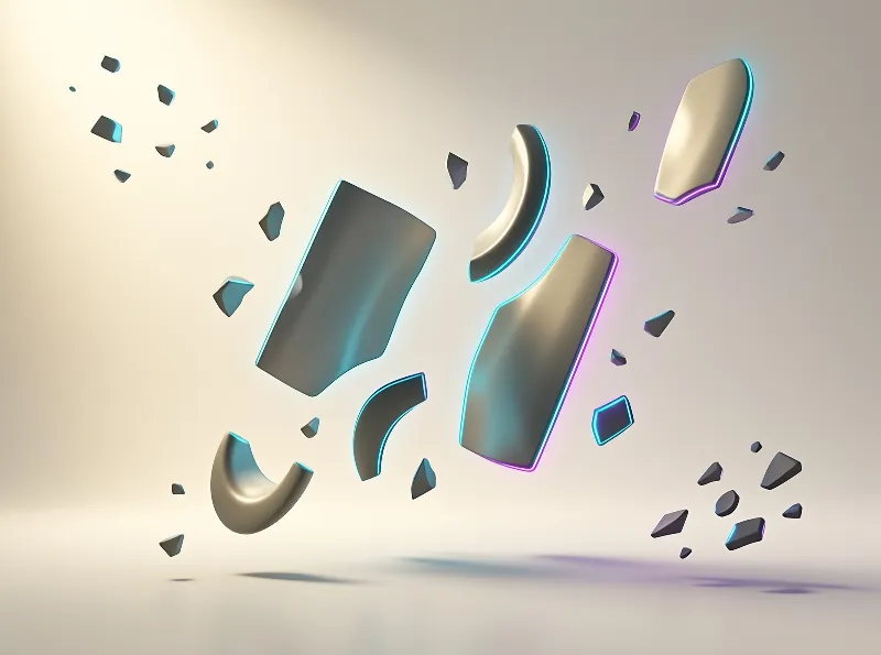 Curved plates of brushed steel drift apart on a warm grey field edged in cyan and violet.