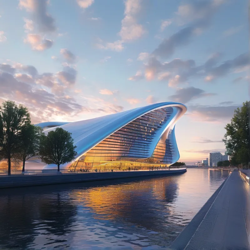 A sweeping curved facade of glass and white panels glows with warm light beside a calm river under a dramatic sunset sky
