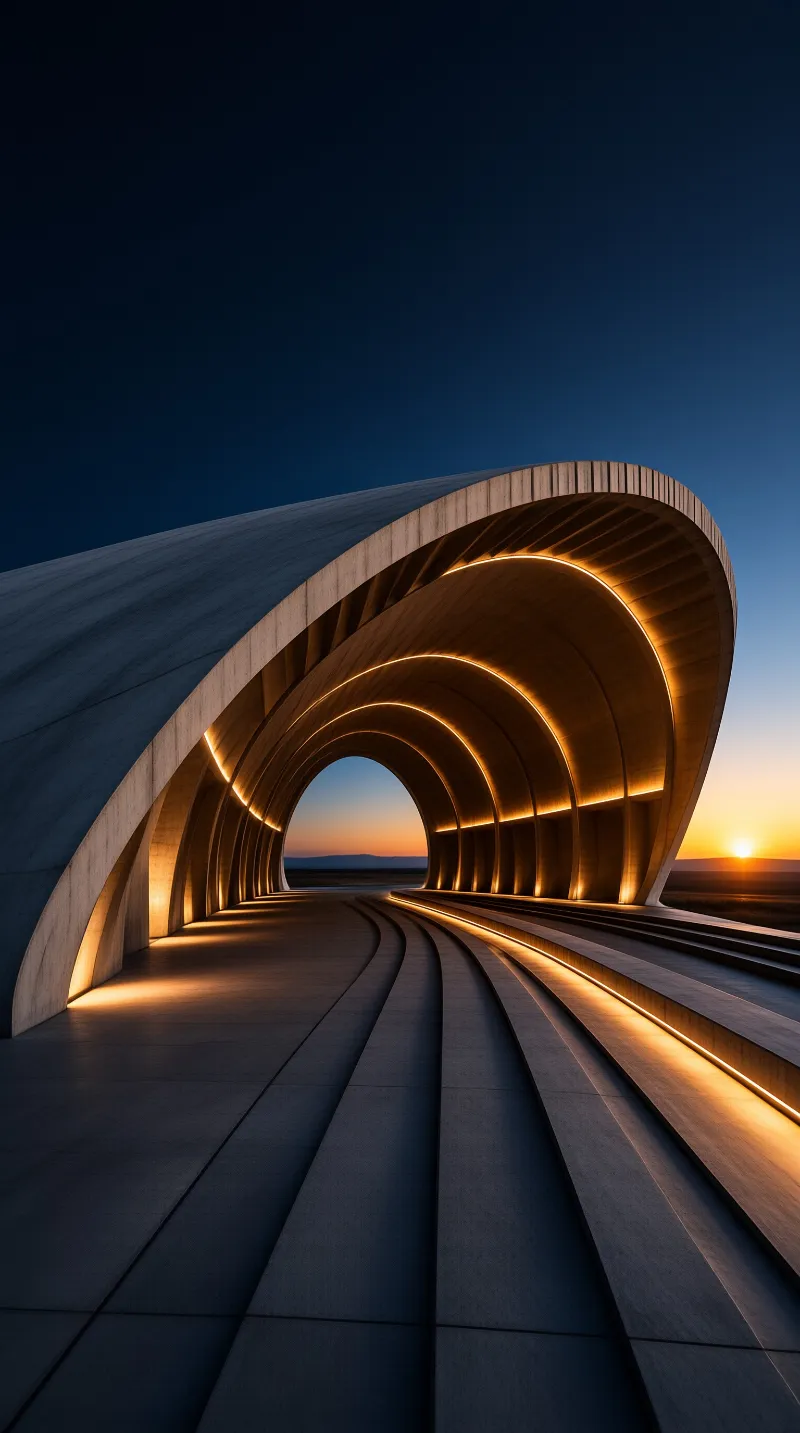 Curved concrete architecture features glowing interior lines framing a vibrant orange sunset over a flat landscape.