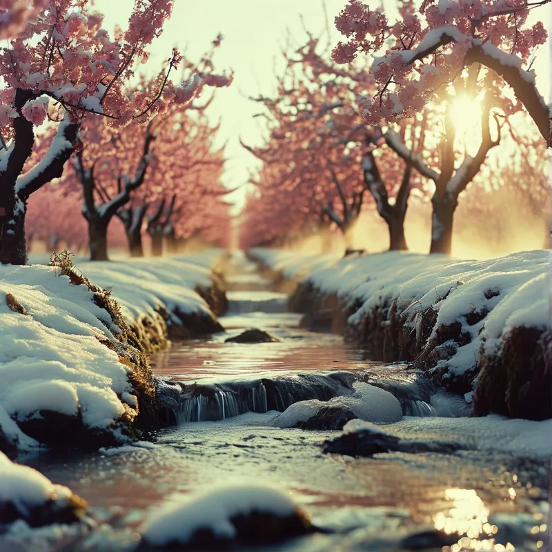 Pink cherry blossom trees line a snow covered stream with warm golden sunlight reflecting on the flowing water.