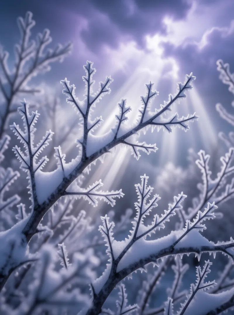 Snowy Branches Under Purple Sky