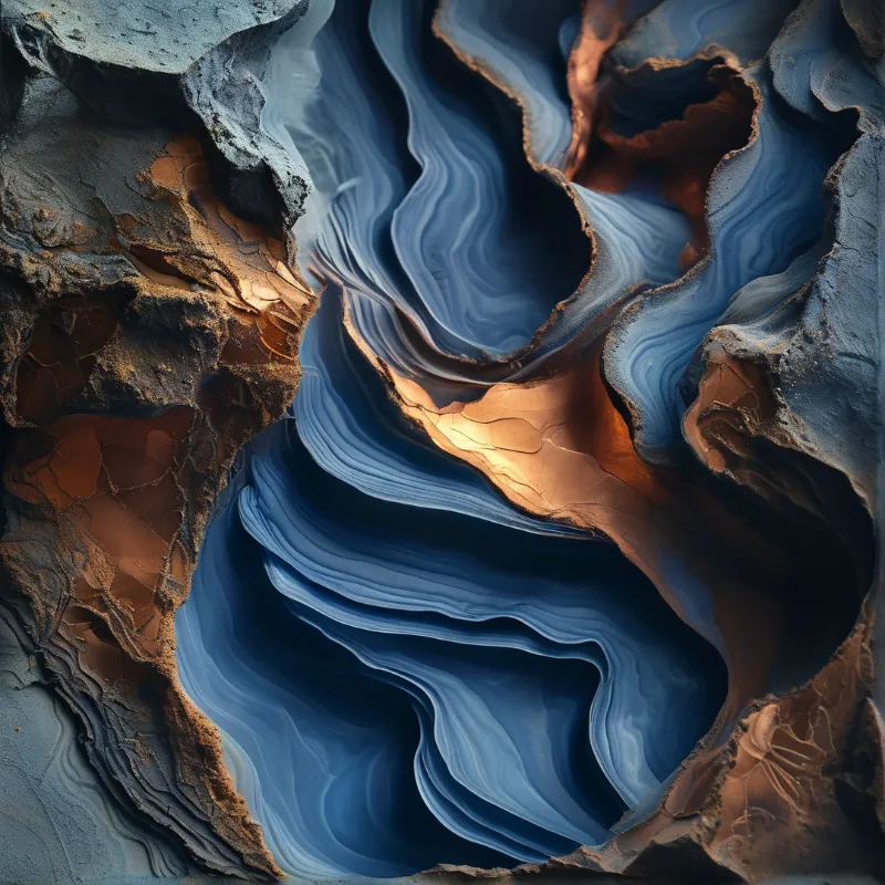Deep blue mineral bands swirl within a cracked rock formation featuring rusty orange and grey stone edges.