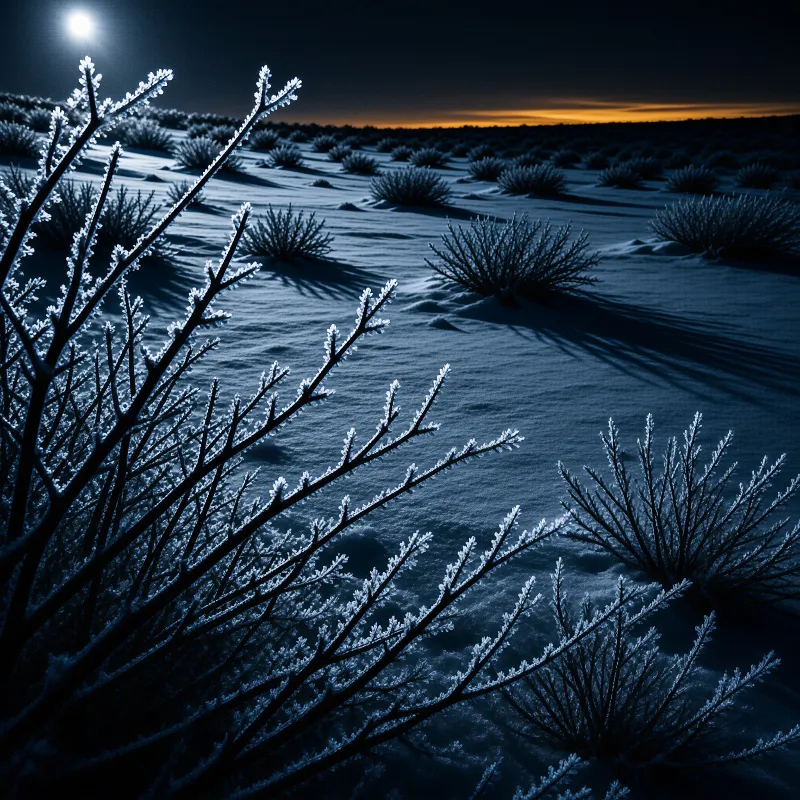 Ice rimed desert bushes glitter beneath a cold moon as long blue shadows stretch across the snow.