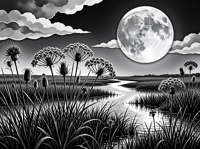 Black and white artwork shows a huge moon illuminating a river winding through a grassy marshland dotted with tall flowering plants under a cloudy sky.