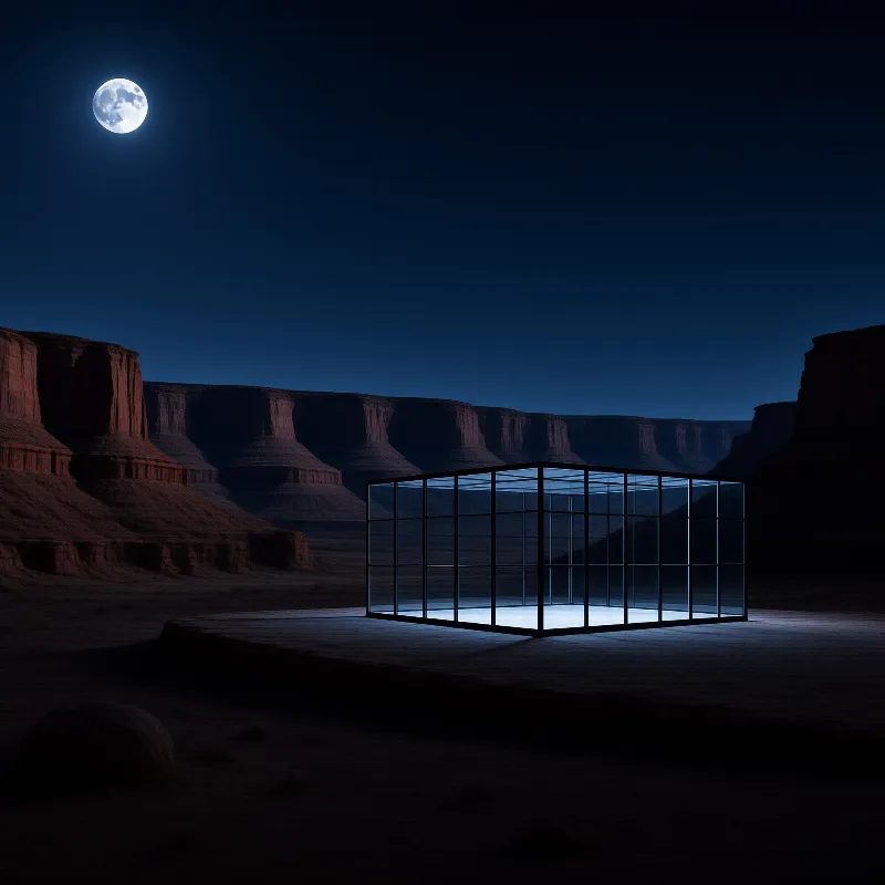 A modern glass cube structure stands illuminated against a backdrop of red rock formations under a bright moon.