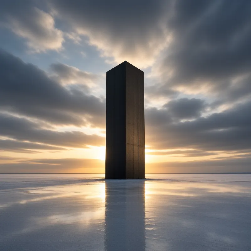 A tall dark rectangular structure stands alone on a reflective white surface while the sun sets behind layered clouds.
