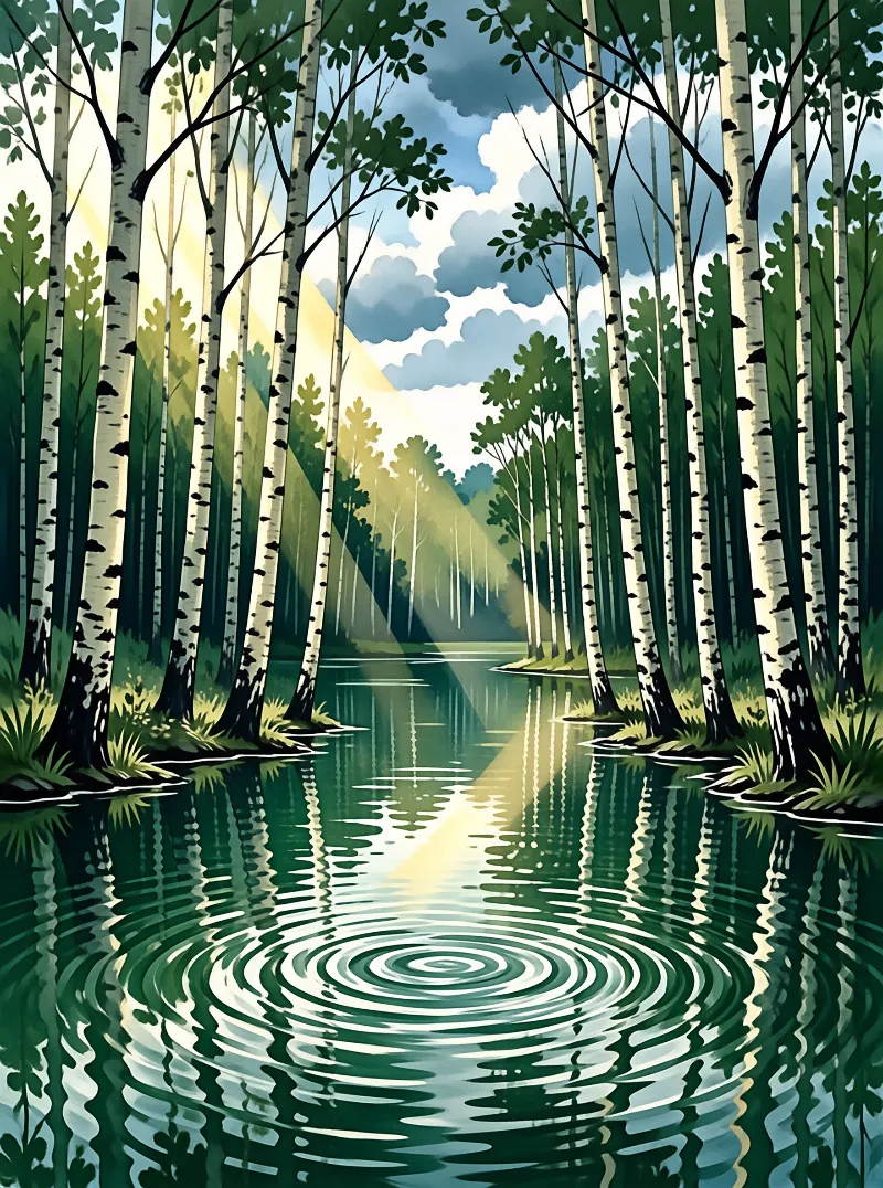 White birch trees line a calm river where bright sun rays create shimmering golden reflections across the water surface.