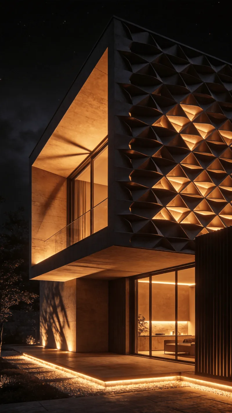 Villa with Parametric Facade — Night With Warm Lights