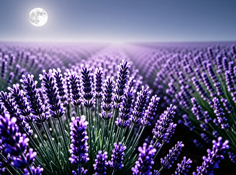 Rows of purple lavender flowers stretch across the landscape under a bright full moon shining in the dark blue night sky.