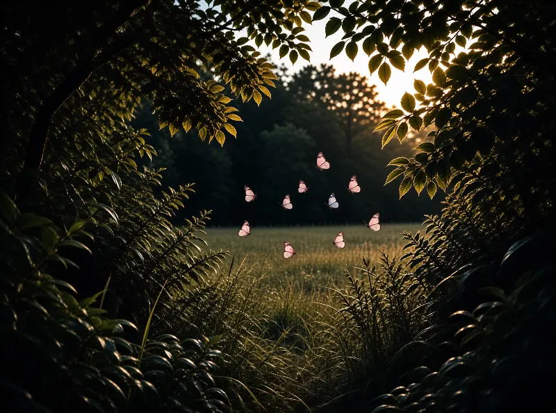 A group of pale pink butterflies flies through a grassy field framed by dark trees and bright sunlight