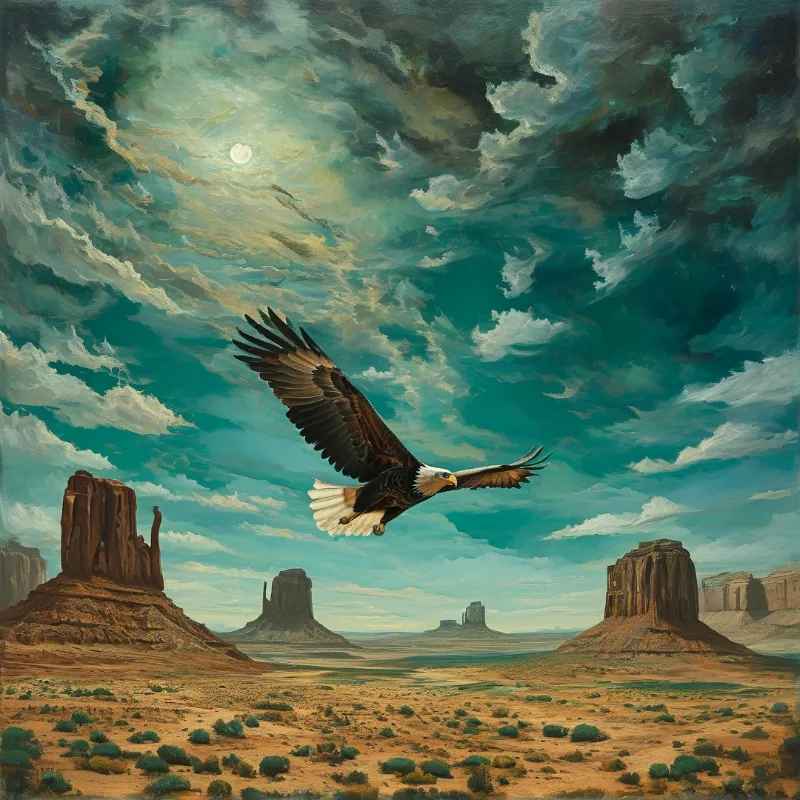 A bald eagle soars across a desert landscape featuring tall rock spires under a cloudy teal sky illuminated by the moon.