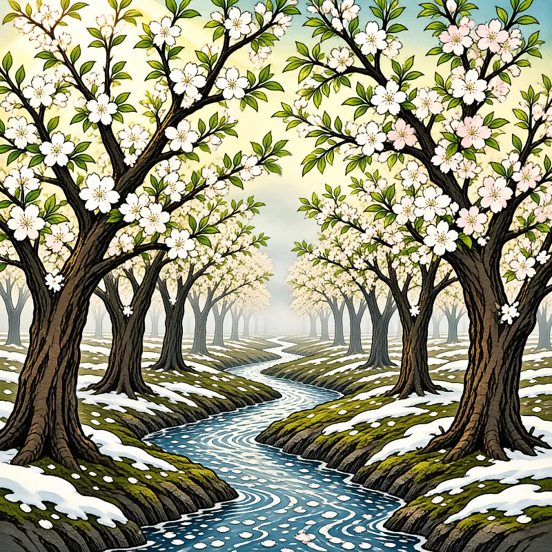 A winding stream with rippled blue water flows between rows of cherry blossom trees covered in white and pink flowers while patches of white snow lie on the mossy riverbanks and ground beneath the dark textured trunks creating a path that recedes into a hazy misty background under a soft glowing sky.