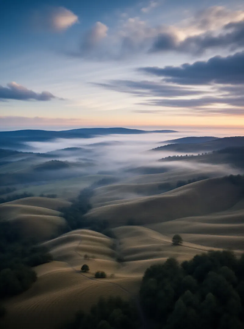 Misty Dawn Over Rolling Hills