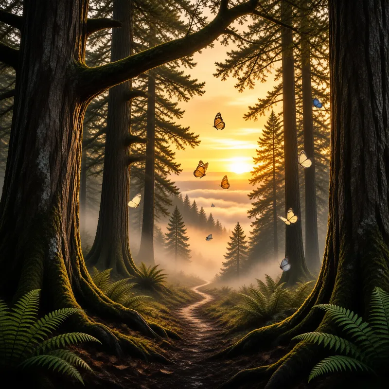 Winding dirt trail through towering trees with butterflies flying in golden light.