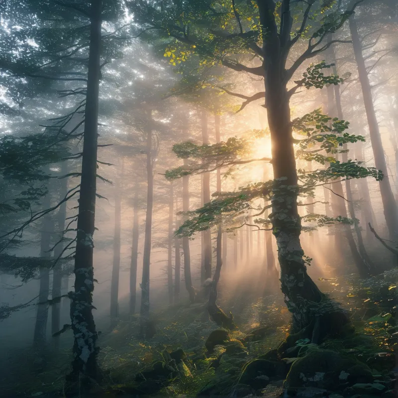 Sunlight in the Misty Forest