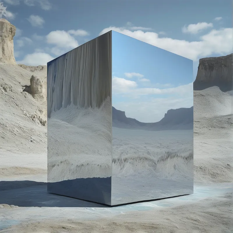 A reflective metal cube stands in a barren desert, mirroring the rocky terrain and clouds in the pale blue sky.