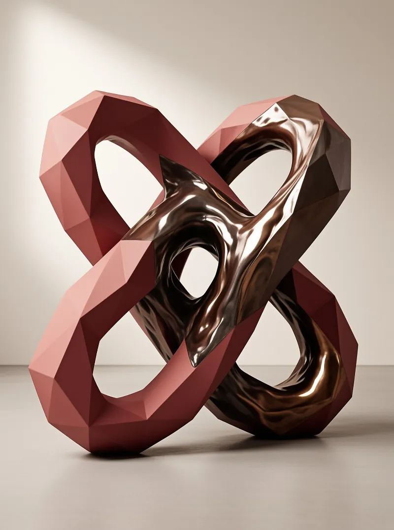 A polished metallic sculpture twists through faceted rose-colored rings in a softly lit studio corner.