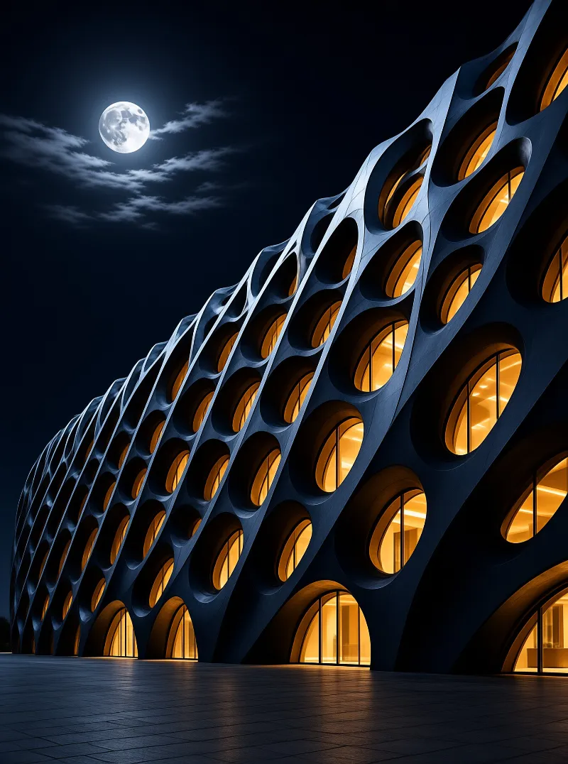 A large structure with circular openings emits warm light while standing under a night sky with a full moon.