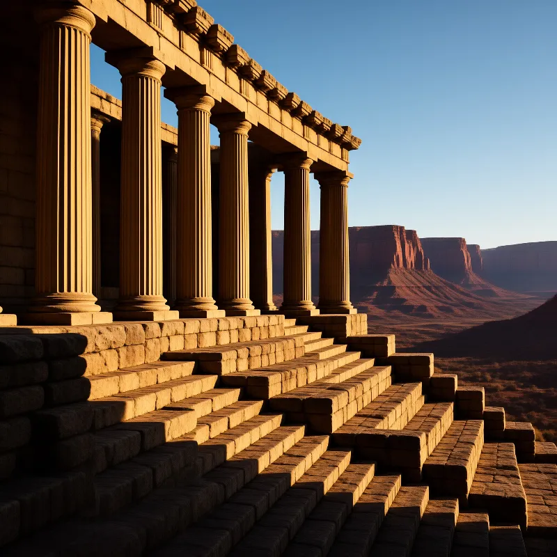 Fluted stone columns stand on stepped terraces while low sun gilds the facade against red rock mesas