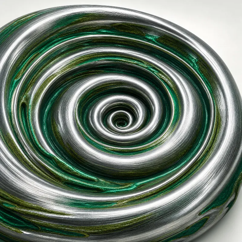 A glossy spiral object with swirling green and silver layers that form a dynamic, reflective pattern, swirling inward toward a central dark vortex