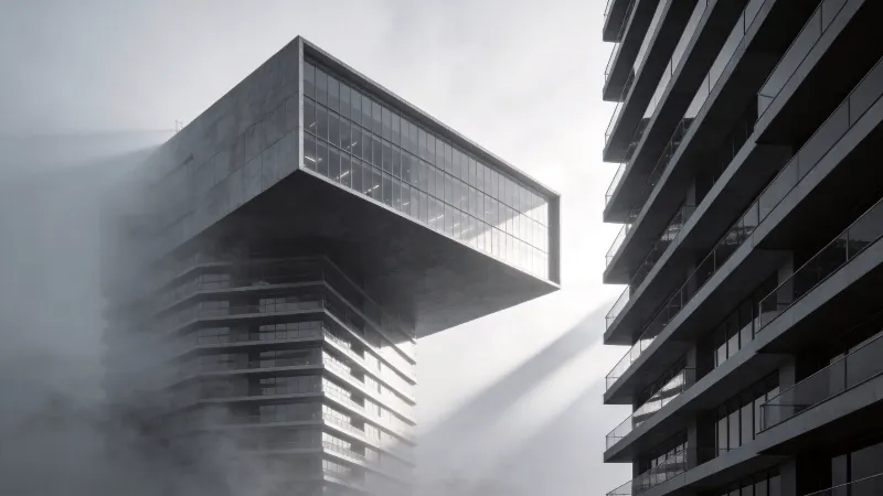 Tower with Floating cantilever in Foggy morning