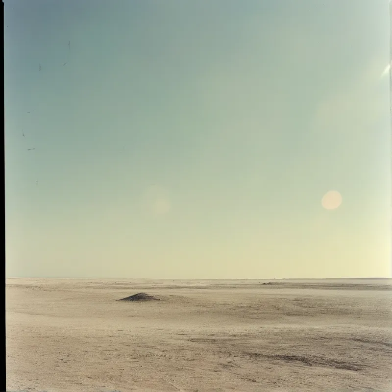 Wide view of a flat salt plain stretching to the horizon under a hazy sky with two circular light flares