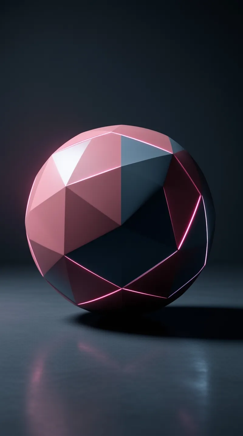 A low-poly sphere with pink and blue facets sits on a reflective surface, illuminated by glowing neon lines along its edges.
