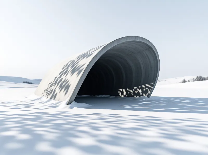 A massive grey concrete tunnel lies half-buried in deep white snow under a bright winter sky with dappled shadows.