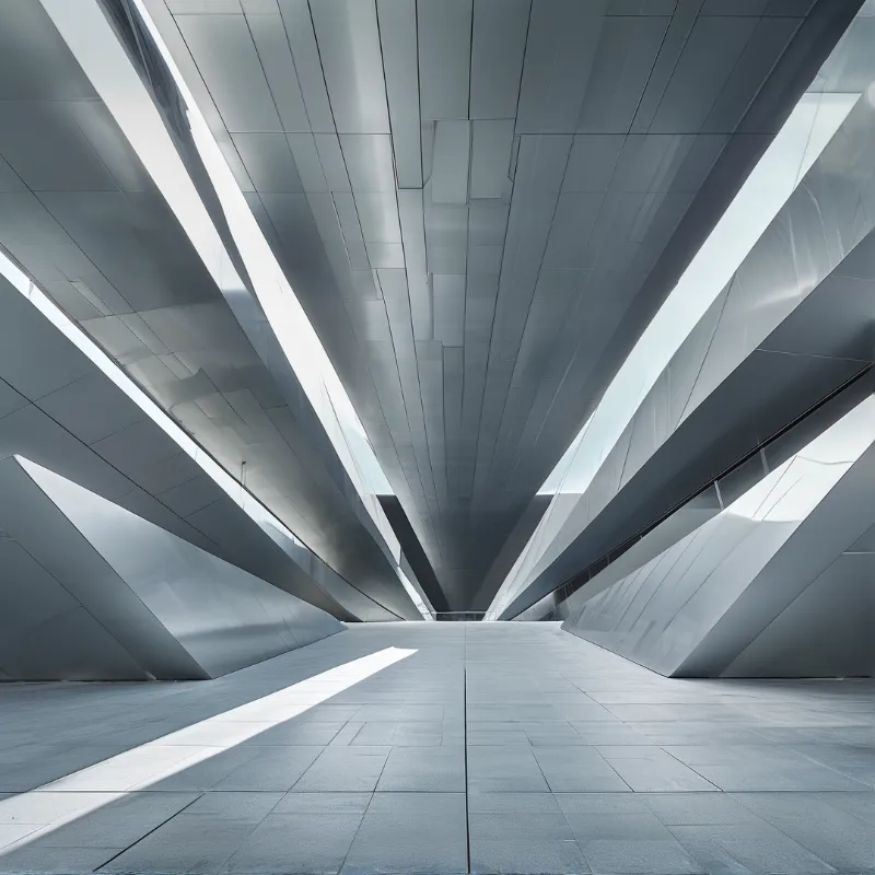 Sharp angular silver walls create a futuristic corridor with beams of sunlight casting shadows on the grey tiled floor.