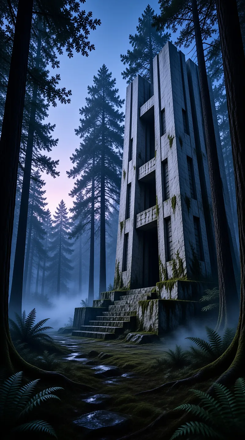 A moss-covered concrete structure stands within a tall pine forest under a blue twilight sky.