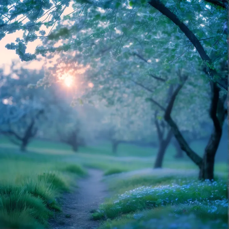 Misty Path in a Blossom Grove