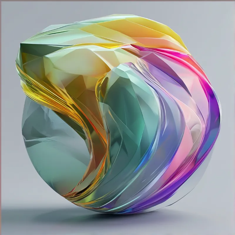A twisted translucent glass form with rainbow iridescent hues rests on a muted grey studio surface casting a faint shadow.