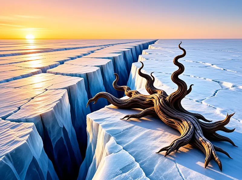 Gnarled wood rests on the edge of a frozen landscape split by deep rectangular crevasses under a golden sky.