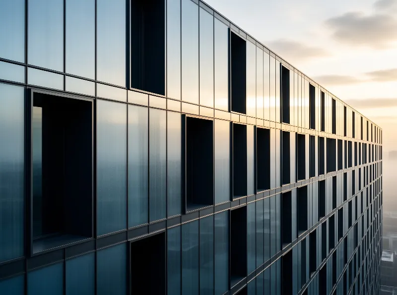 A glass tower facade of repeating window panels catches warm sunset light along its receding edge.