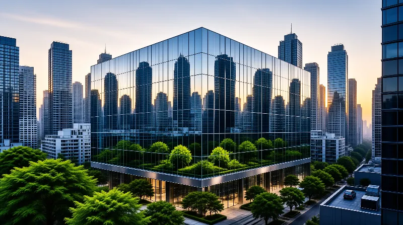 A mirrored office facade doubles the downtown high-rises while green trees line its rooftop garden at dusk.