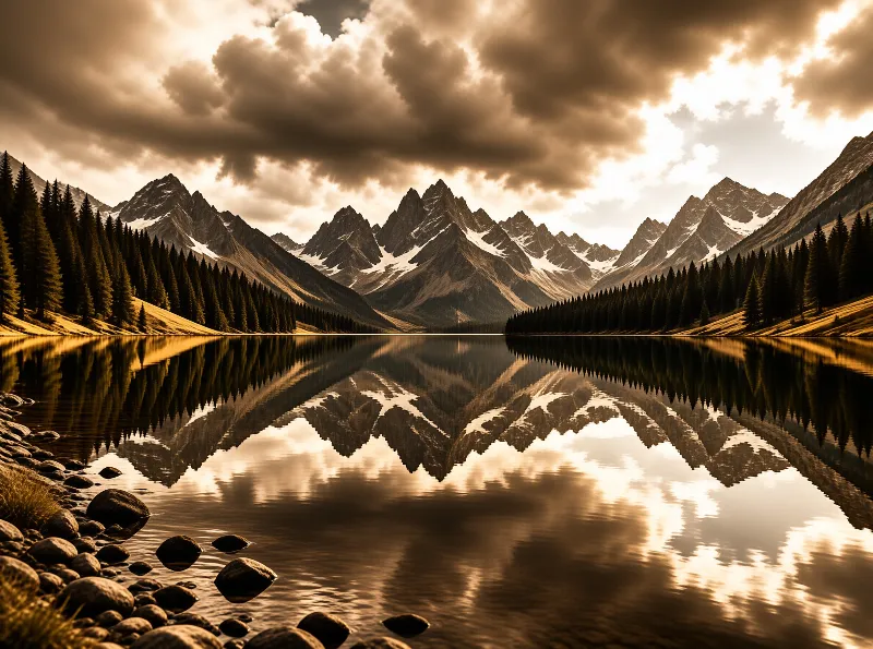 Snow capped mountains and dense evergreen forests are mirrored in a calm lake beneath dramatic sepia colored clouds.
