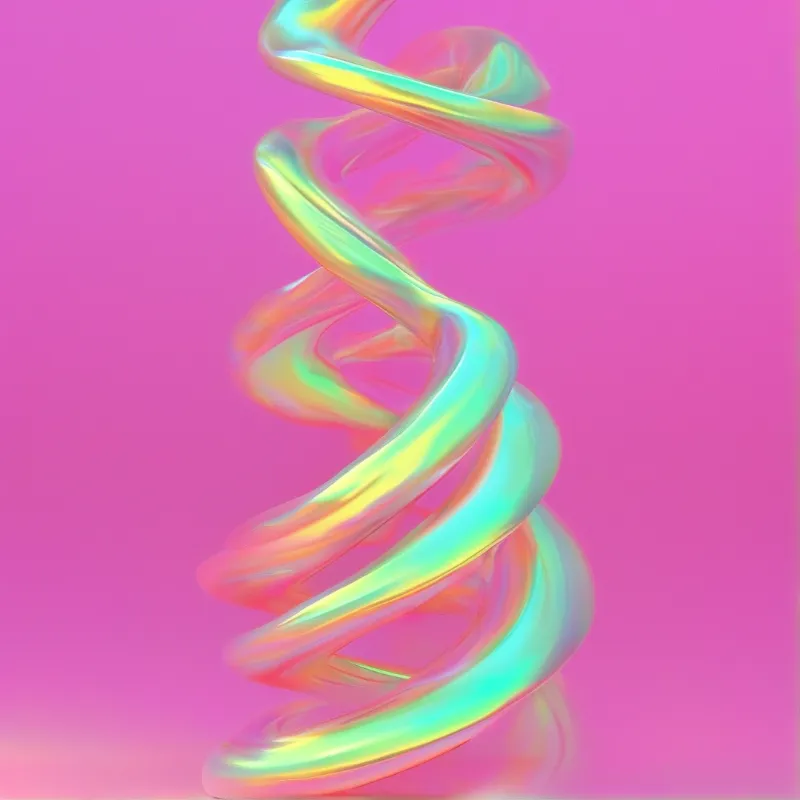 A twisted iridescent shape floats vertically against a solid magenta background.