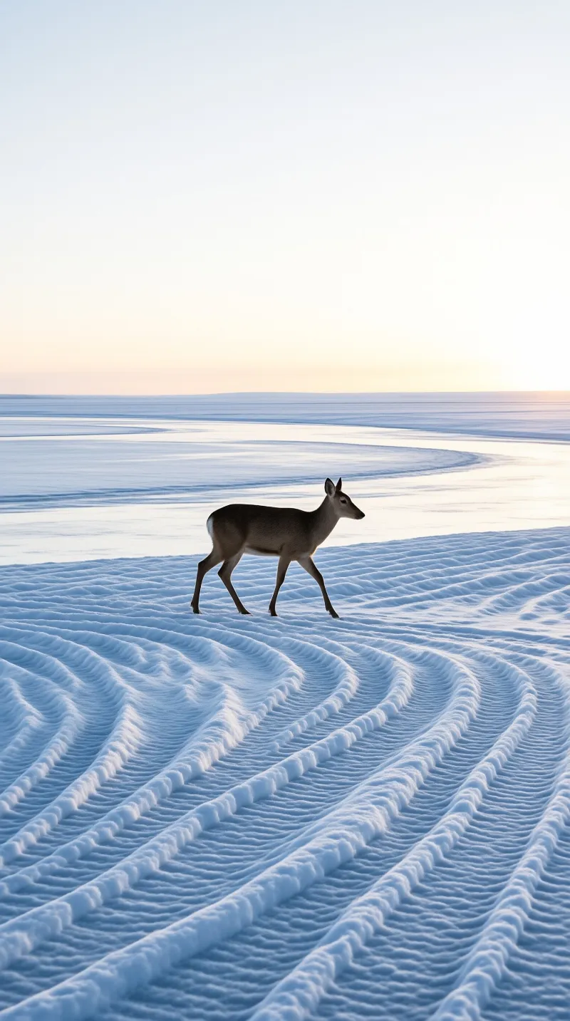 A solitary deer walks across patterned snow toward a frozen lake under a pale sky at dawn or dusk.