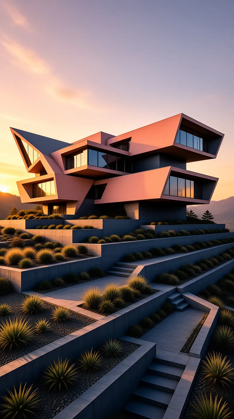 A sculptural modern home of stacked angular copper boxes with glass windows sits above terraced gardens at dusk