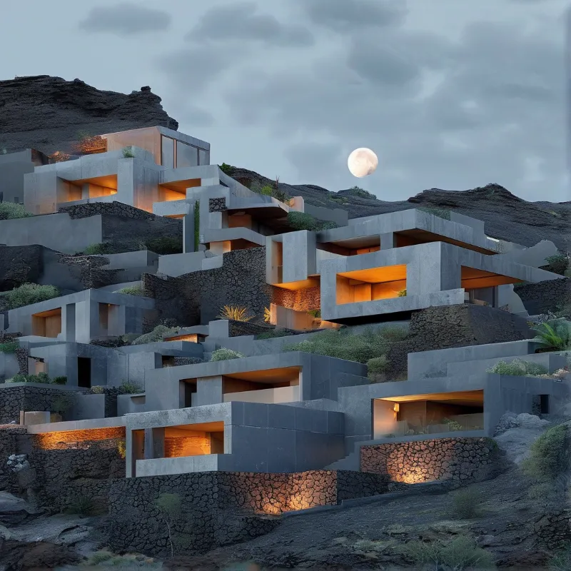 Cubist concrete homes with warm orange windows nestle into a dark rocky slope beneath a full moon and twilight clouds.