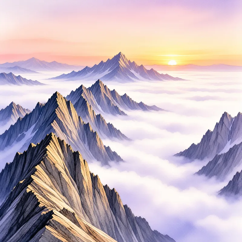 Layered mountain ranges rise sharply from a dense cloud deck illuminated by warm golden sunrise light.