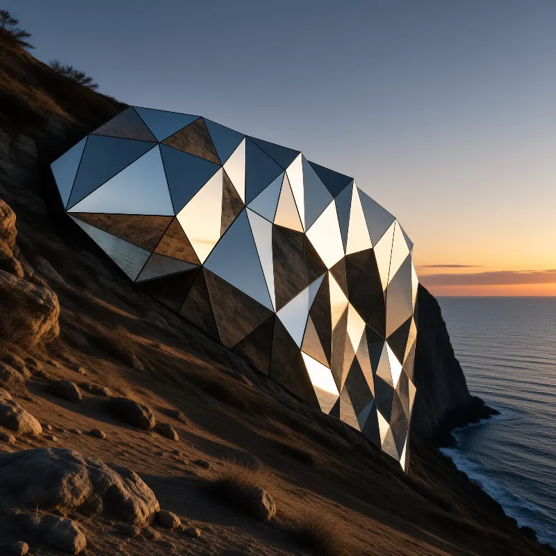 A faceted mirrored dome rests on a grassy cliff reflecting the orange sunset sky and the deep blue ocean below.