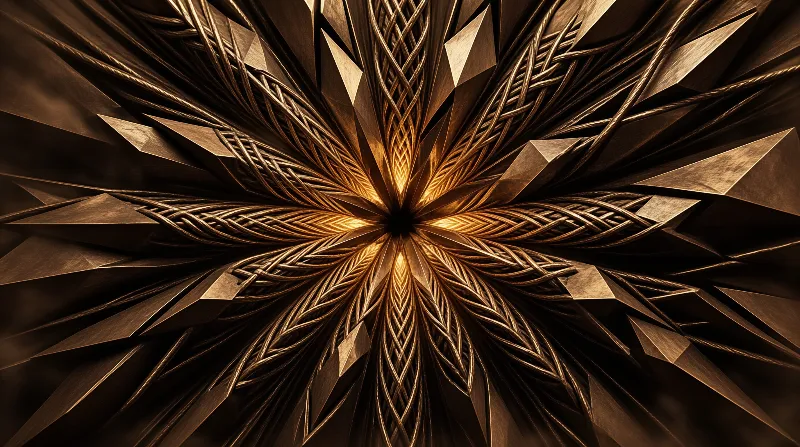 Interwoven metal cords form pointed petals that fan out from a glowing centre across a dark relief panel